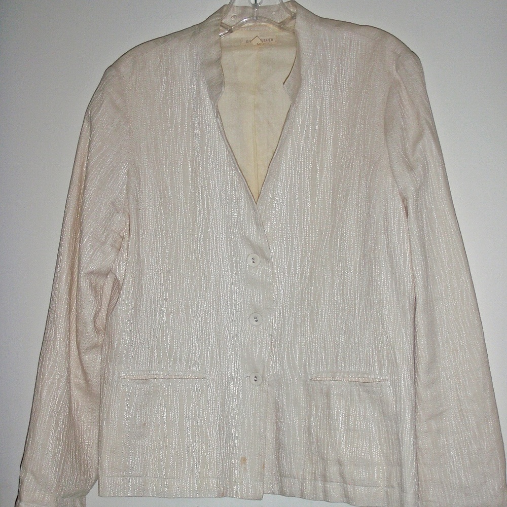 EILEEN FISHER WOMEN'S LINEN BEIGE JACKET & STAND UP COLLAR COTTON LINED SIZE L